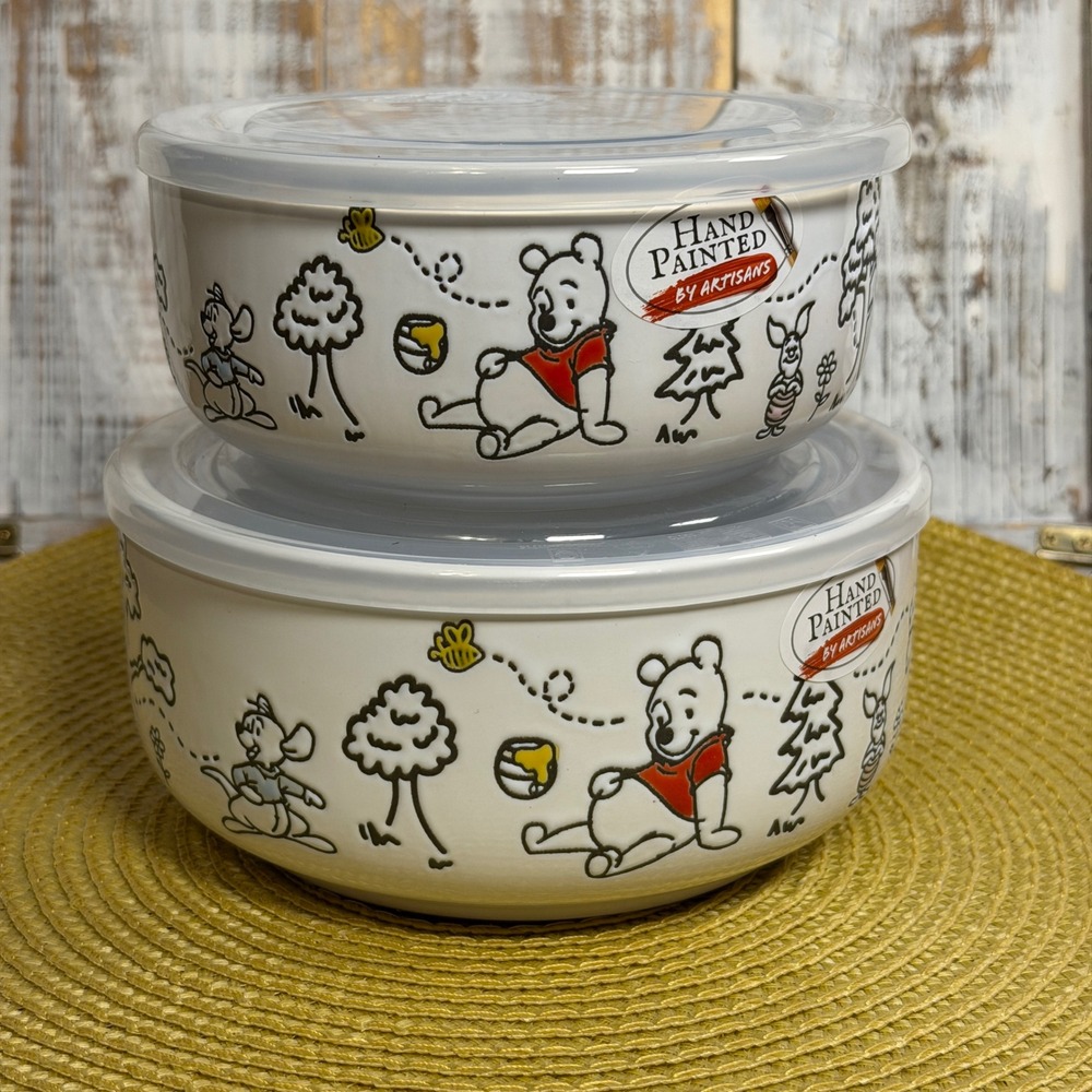 Disney Winnie the Pooh Hand Painted Ceramic Food Storage Bowls Vented Lids Set 2
